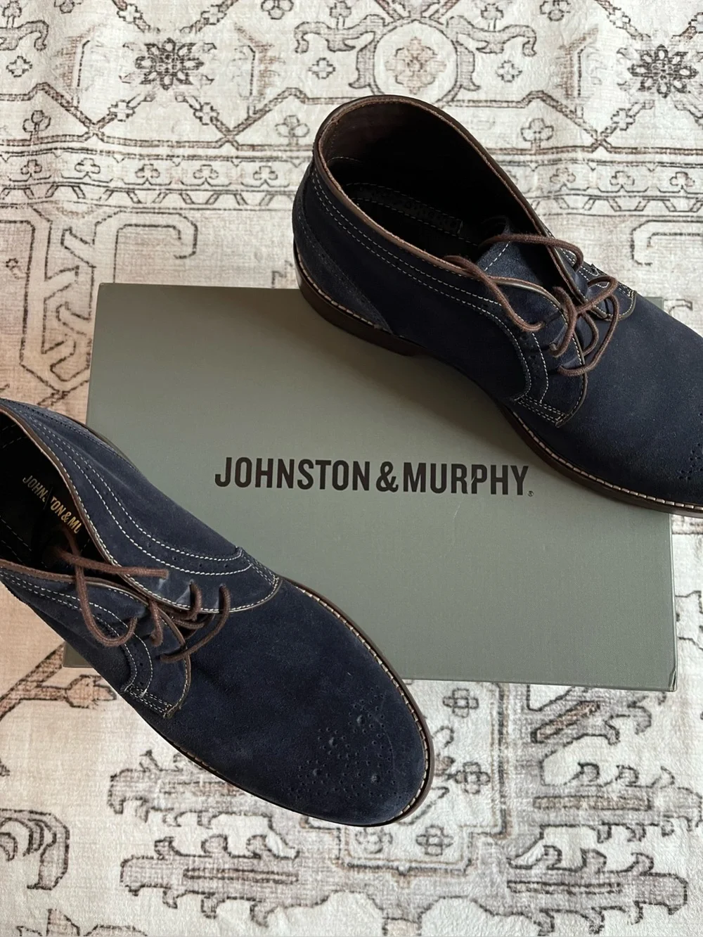Johnston & Murphy Navy Suede Chukka Boots with Brown Laces